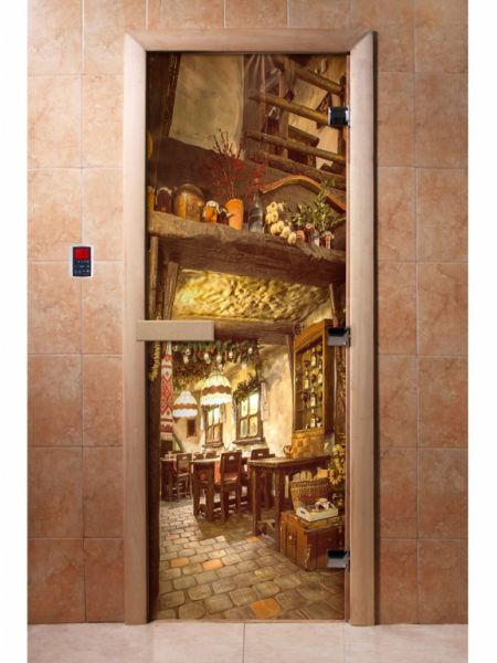 Стеклянная дверь для бани и сауны с фотопечатью 190*70 А035